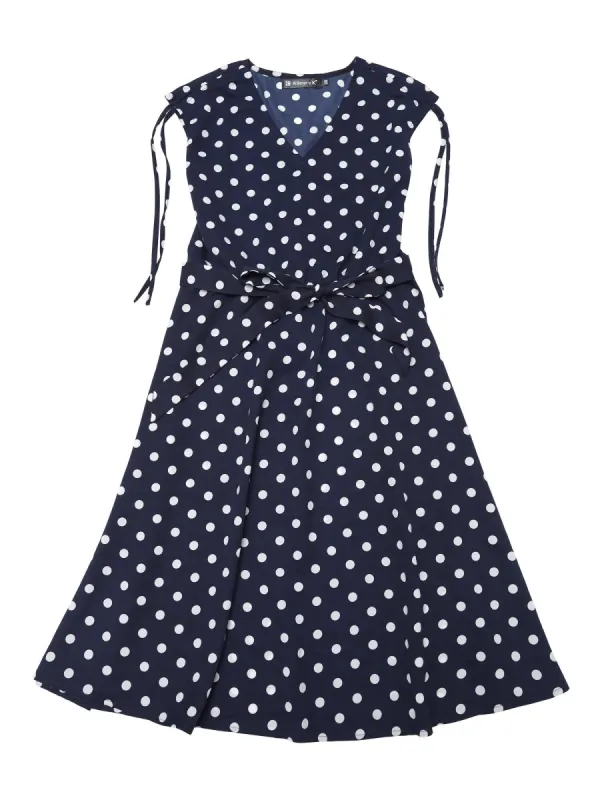 Women¡¯s Vintage Polka Dots Tie Waist Sleeveless V-Neck Midi Ruffle Dress sold by Allegra K