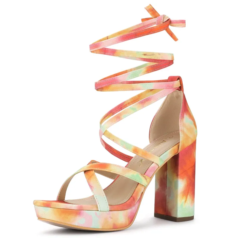 Women's Tie Dye Platform Chunky Heel Lace Up Sandals sold by Allegra K
