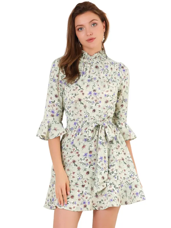 Women's Floral 3/4 Bell Sleeve Smocked Belted Flare Ruffle Dress sold by Allegra K