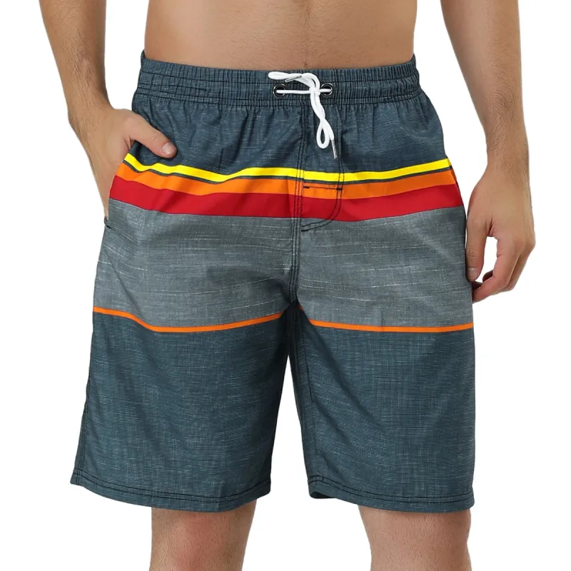 Men's Summer Swim Shorts Elastic Waist Drawstring Color Block Striped Board Shorts sold by Allegra K