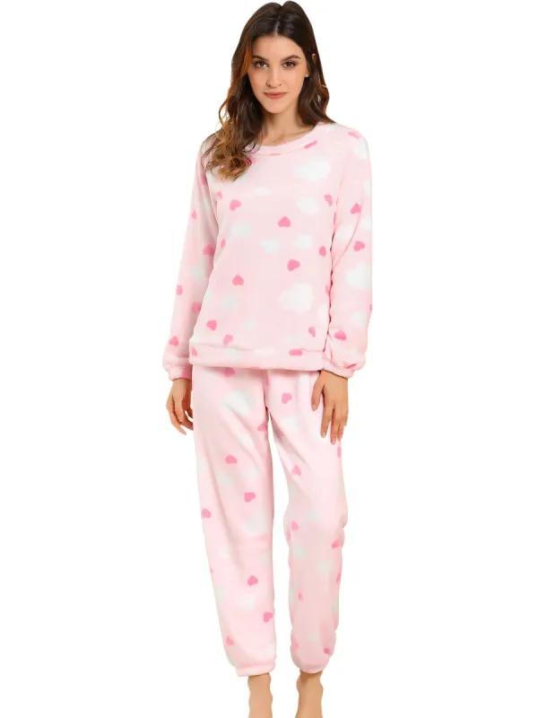 Winter Flannel Pajama Sets for Women Cute Printed Long Sleeve Nightwear Top and Pants Loungewear Soft Sleepwears made by Allegra K