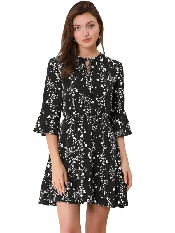 Women's Floral Bell 3/4 Sleeves Tie Neck Ruffle Hem Dress sold by Allegra K