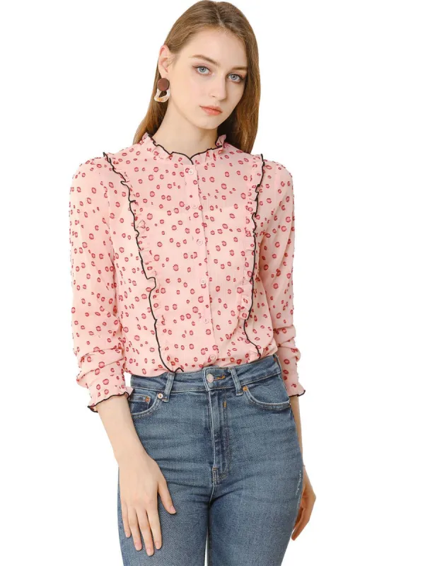 Women's Ruffled Collar Contrast Piped Semi Sheer Button Front Dots Shirt Top sold by Allegra K