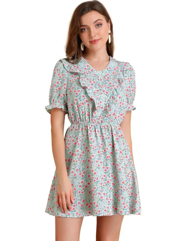 Women's Ruffle Front V-Neck Short Puff Sleeve A-Line Mini Floral Dress sold by Allegra K