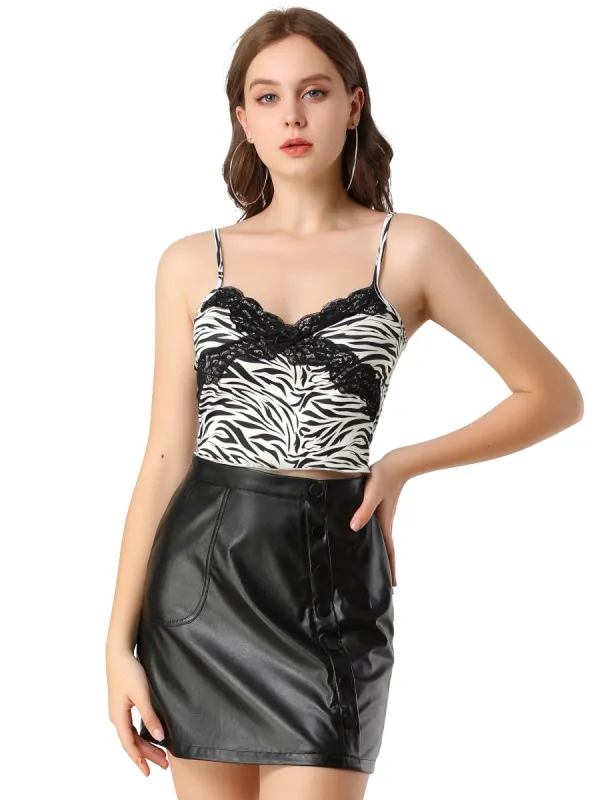 Women¡¯s Lace Trim V Neck Sleeveless Zebra Print Crop Cami Top sold by Allegra K