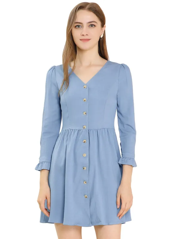 Women's V Neck Button Down Ruffle Soft A-Line Dress sold by Allegra K