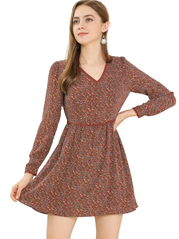 Women's Floral V Neck Lace Trim Button Decor Prairie Dress sold by Allegra K