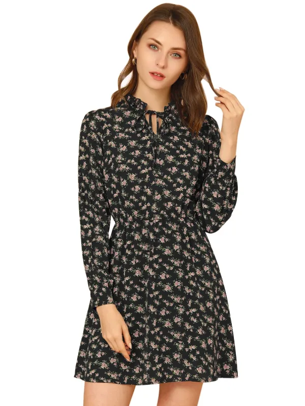 Women's Floral Ruffle Tie Neck Puff Sleeves Vintage Dress sold by Allegra K