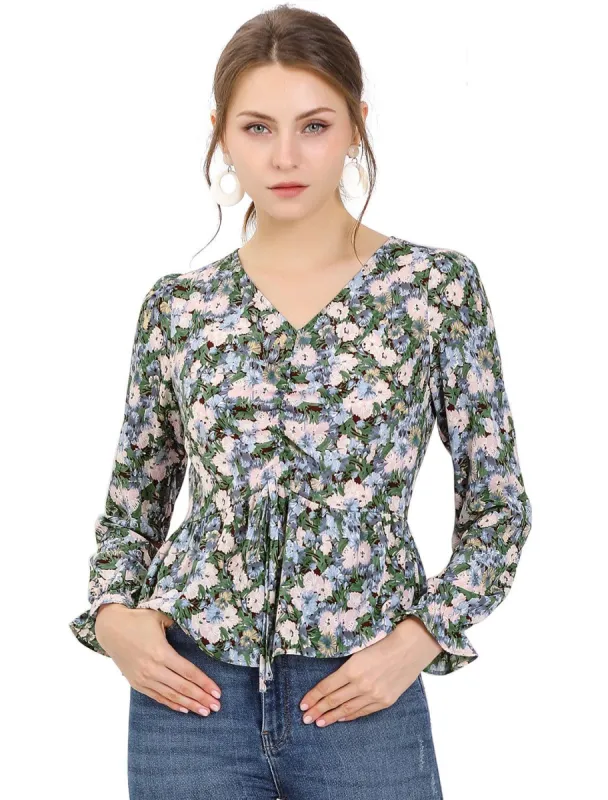 Women's V Neck Ruched Long Ruffle Sleeves Floral Printed Peplum Blouse Top sold by Allegra K