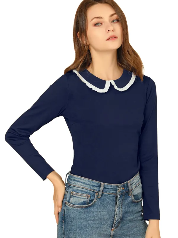 Women's Vintage Peter Pan Collar Contrast Ruffle Knit Top Long Sleeve Blouse sold by Allegra K
