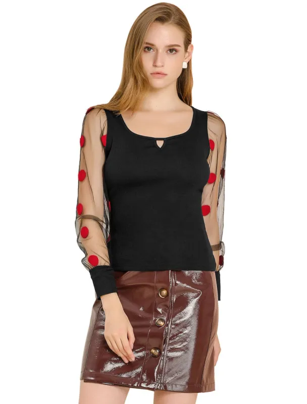 Women's Puff Sleeve Sheer Elegant Polka Dots Blouse Top sold by Allegra K