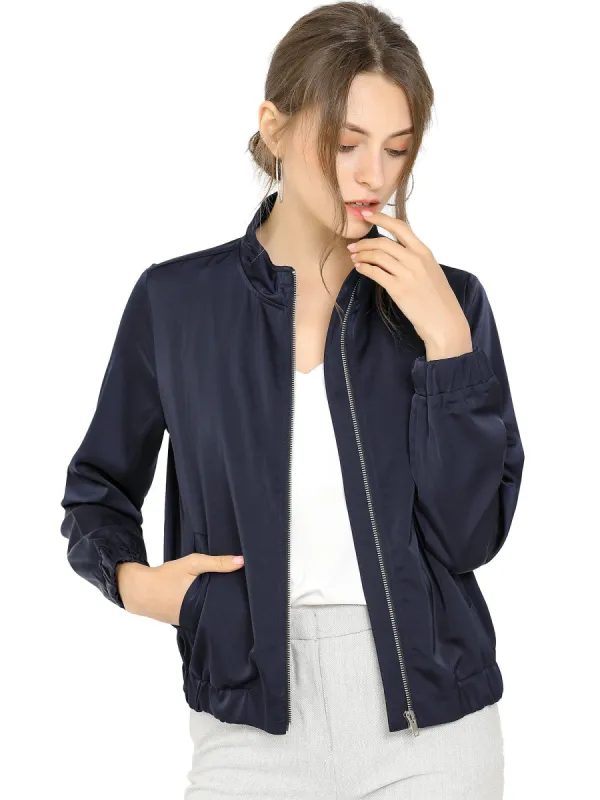 Women's Ligheweight Stand Collar Pockets Full Zip Jacket sold by Allegra K