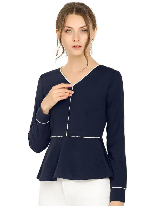 Women's V Neck Long Sleeves Ruffle Hem Peplum Blouse Top sold by Allegra K