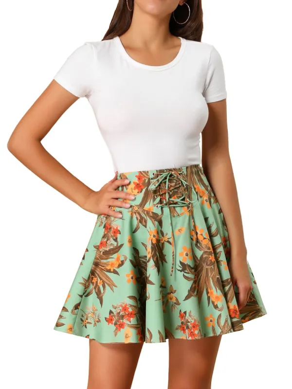 Women's Floral A-Line High Waist Summer Lace Up Mini Skirts sold by Allegra K