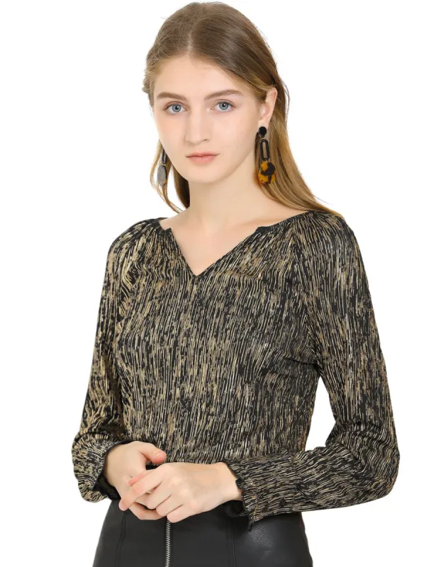 Women's Party Glitter V Neck Ruffle Cuff Metallic Shiny Stripe Top sold by Allegra K