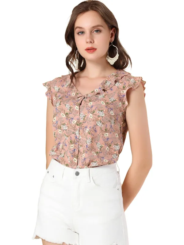 Women's Ruffle V Neck Flutter Sleeve Button Down Floral Shirt sold by Allegra K