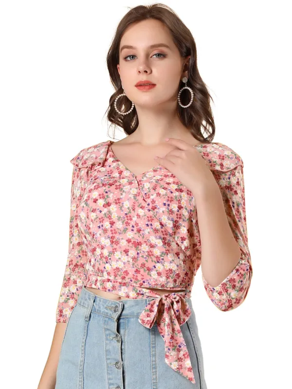 Women's Floral Print Ruffle Wrap Peplum Tie Waist Top sold by Allegra K