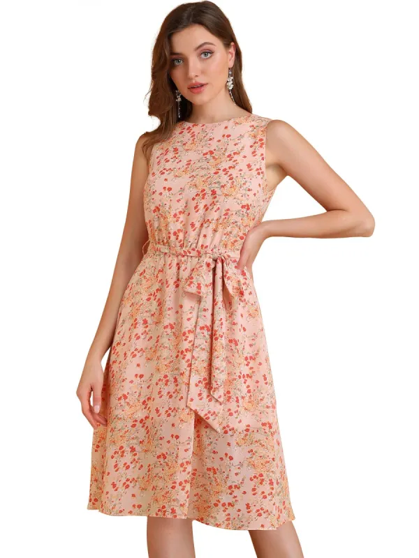 Women's Sleeveless A-Line Dresses Elastic Waist Belted Floral Print Chiffon Dress sold by Allegra K