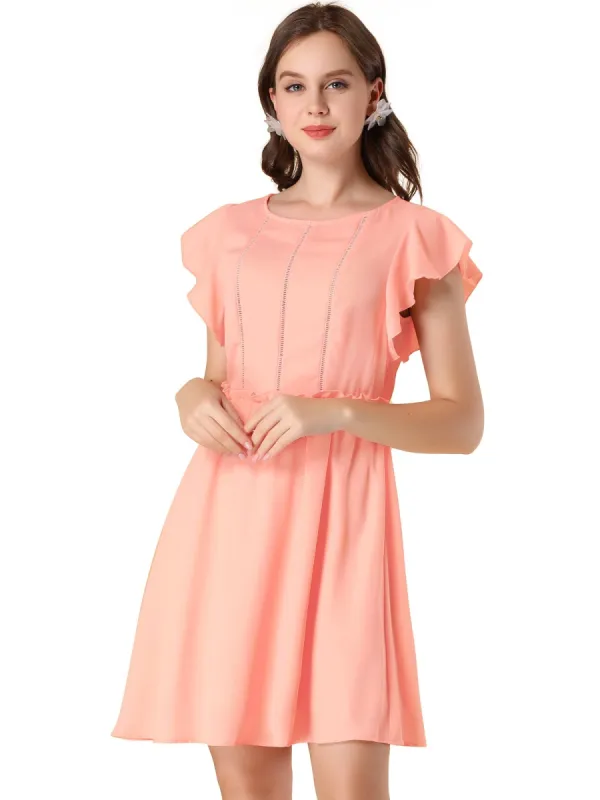 Women's Elegant Ruffled Waist Round Neck Flutter Sleeve Mini Dress sold by Allegra K