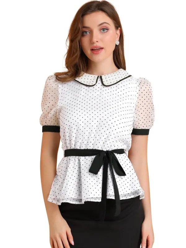 Women's Tie Front Doll Collar Contrast Trim Casual Top Shirt sold by Allegra K