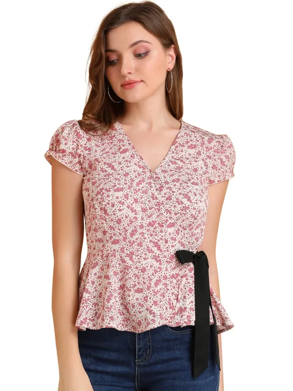 Women's Floral Print V Neck Cap Sleeve Tie Waist Wrap Peplum Top made by Allegra K