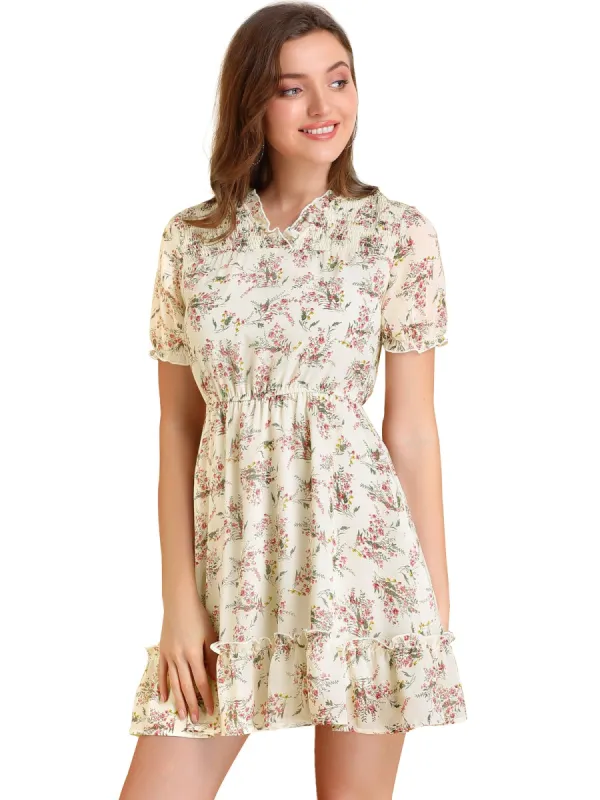 Women's Midi Ruffle Trim Fit and Flare Shirred Floral Dress sold by Allegra K