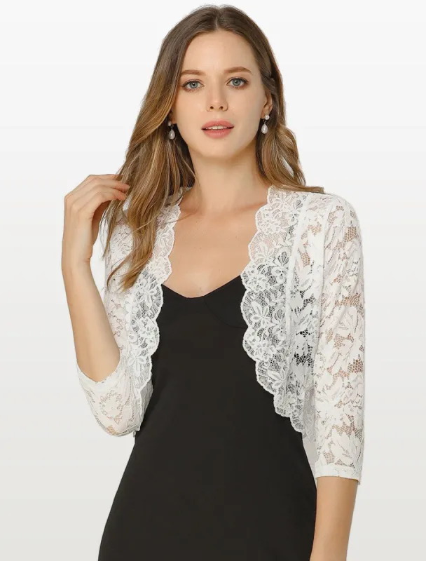 Women's Elegant 3/4 Sleeve Sheer Floral Lace Shrug Top sold by Allegra K