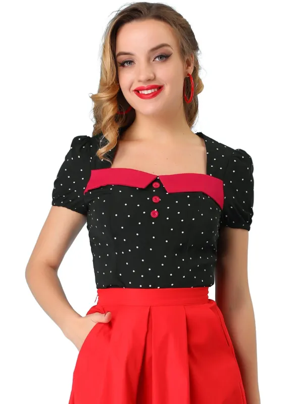 Women's Contrast Square Neck Summer Casual Polka Dots Tops Blouse sold by Allegra K