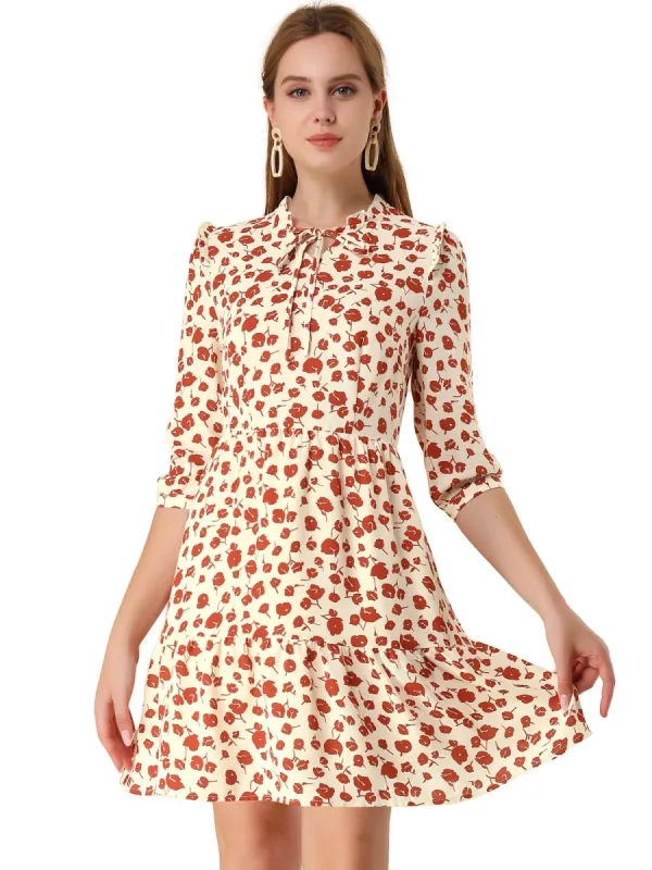 Women's Floral Ruffle Tie Neck 3/4 Sleeve Dress with Pockets sold by Allegra K