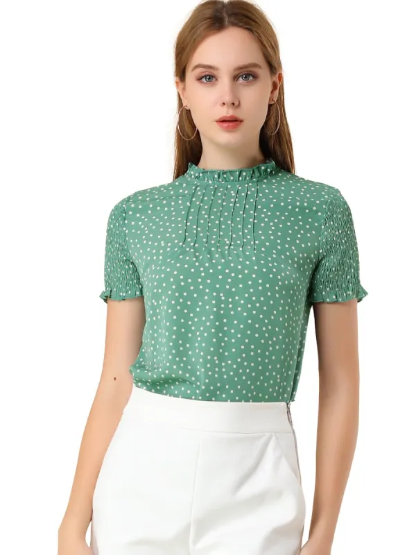 Women's Polka Dots Smocked Sleeves Ruffle Neck Blouse Top sold by Allegra K