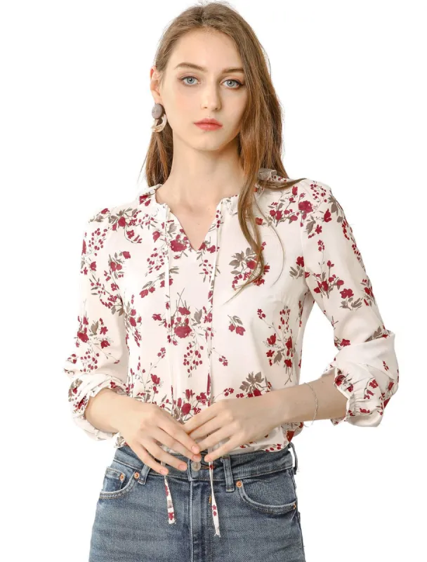 Women's Ruffled Sleeve Blouse Frill Neck Self Tie Elegant Chiffon Floral Top sold by Allegra K
