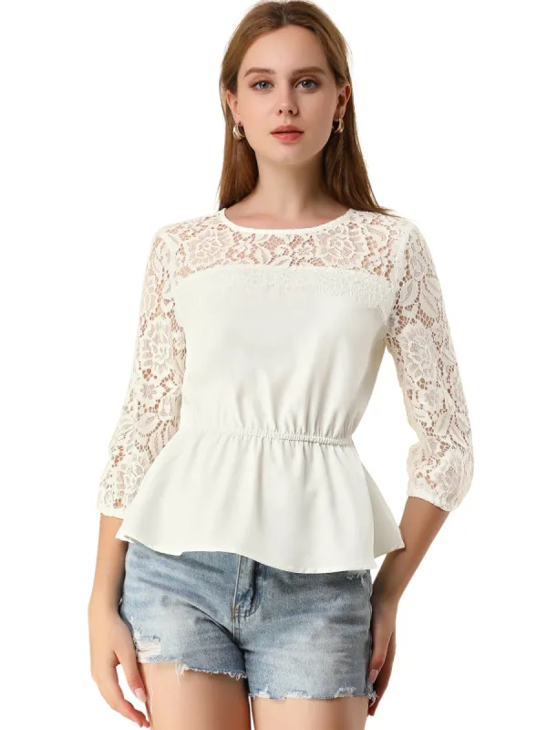 Women's 3/4 Sleeve Tops Elastic Waist Semi Sheer Lace Blouses Shirts sold by Allegra K