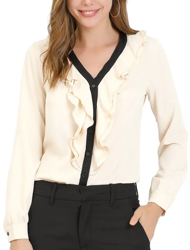 Women's Elegant Ruffled Contrast Blouse Work Button Down Shirts sold by Allegra K