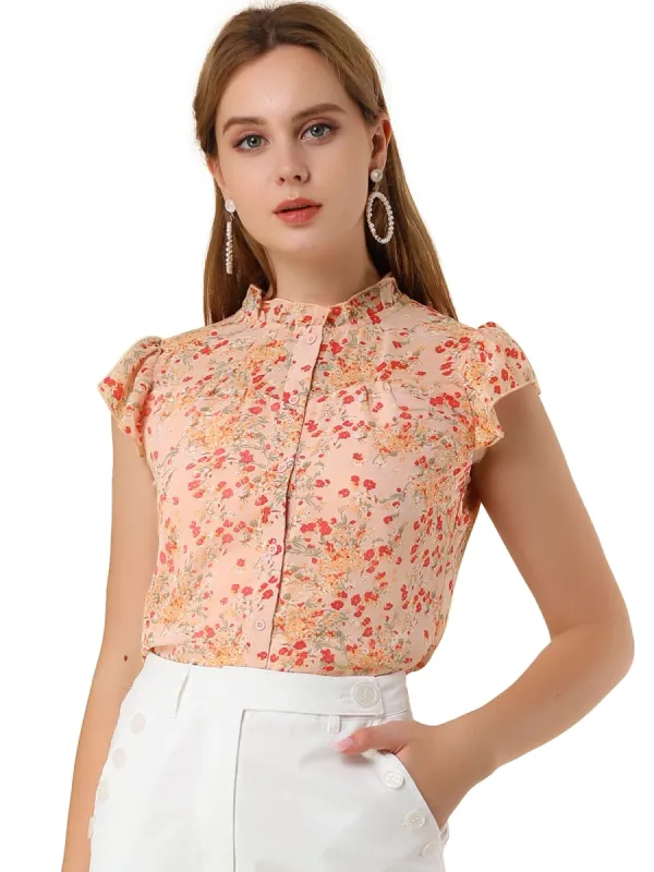 Allegra K Casual Button Front Shirt Ruffle Collar Short Sleeve Floral Top sold by Allegra K