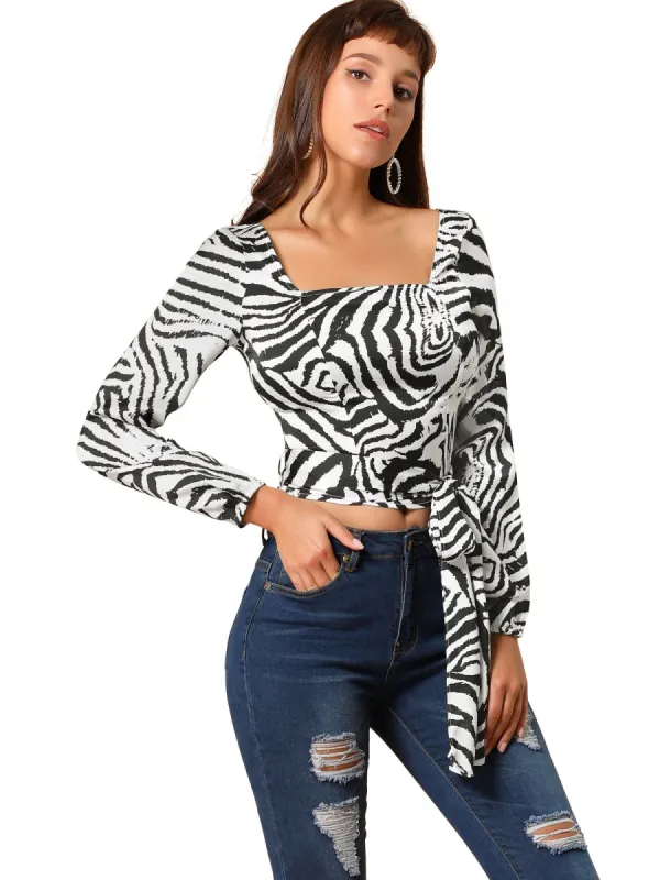 Women's Zebra Printed Long Sleeves Square Neck Tie Waist Crop Top sold by Allegra K