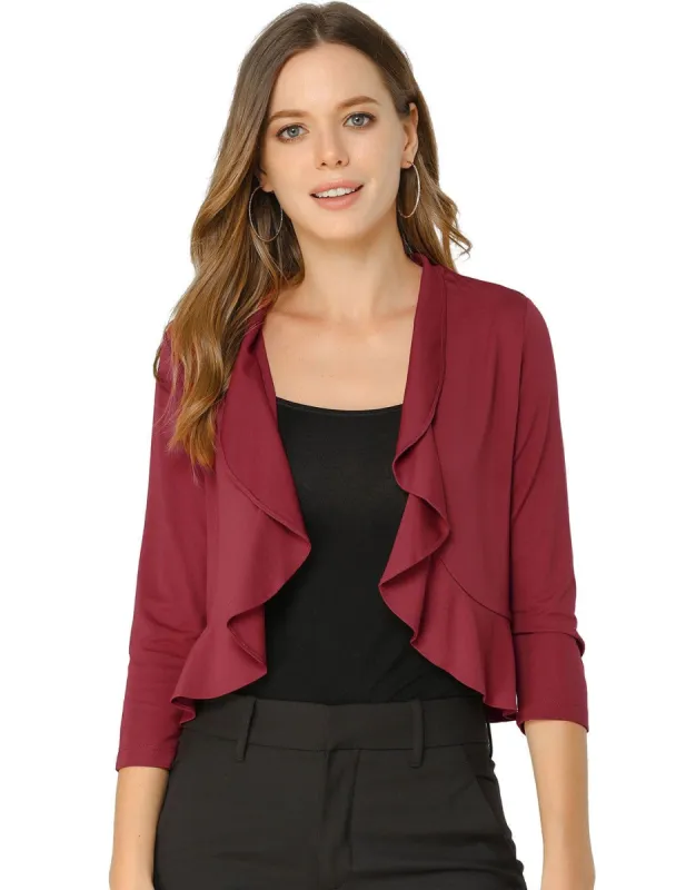 Women's Casual Ruffle Neck Long Sleeve Cardigan Ruffled Hem Open Front Knit Short Shrug sold by Allegra K