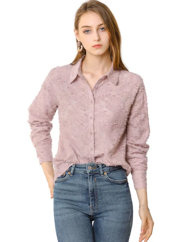 Women's Textured Button Up Shirt Turn Down Collar Long Sleeve Work Top Blouse made by Allegra K