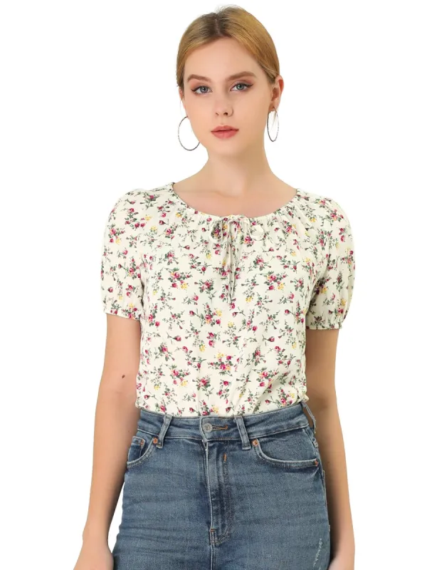 Women's Floral Scoop Neck Self Tie Puff Sleeve Peasant Blouse sold by Allegra K