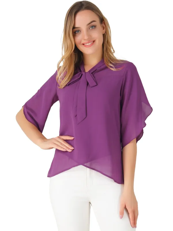 Women's Tie Neck Loose Layered Asymmetrical Hem Chiffon Blouse Top made by Allegra K