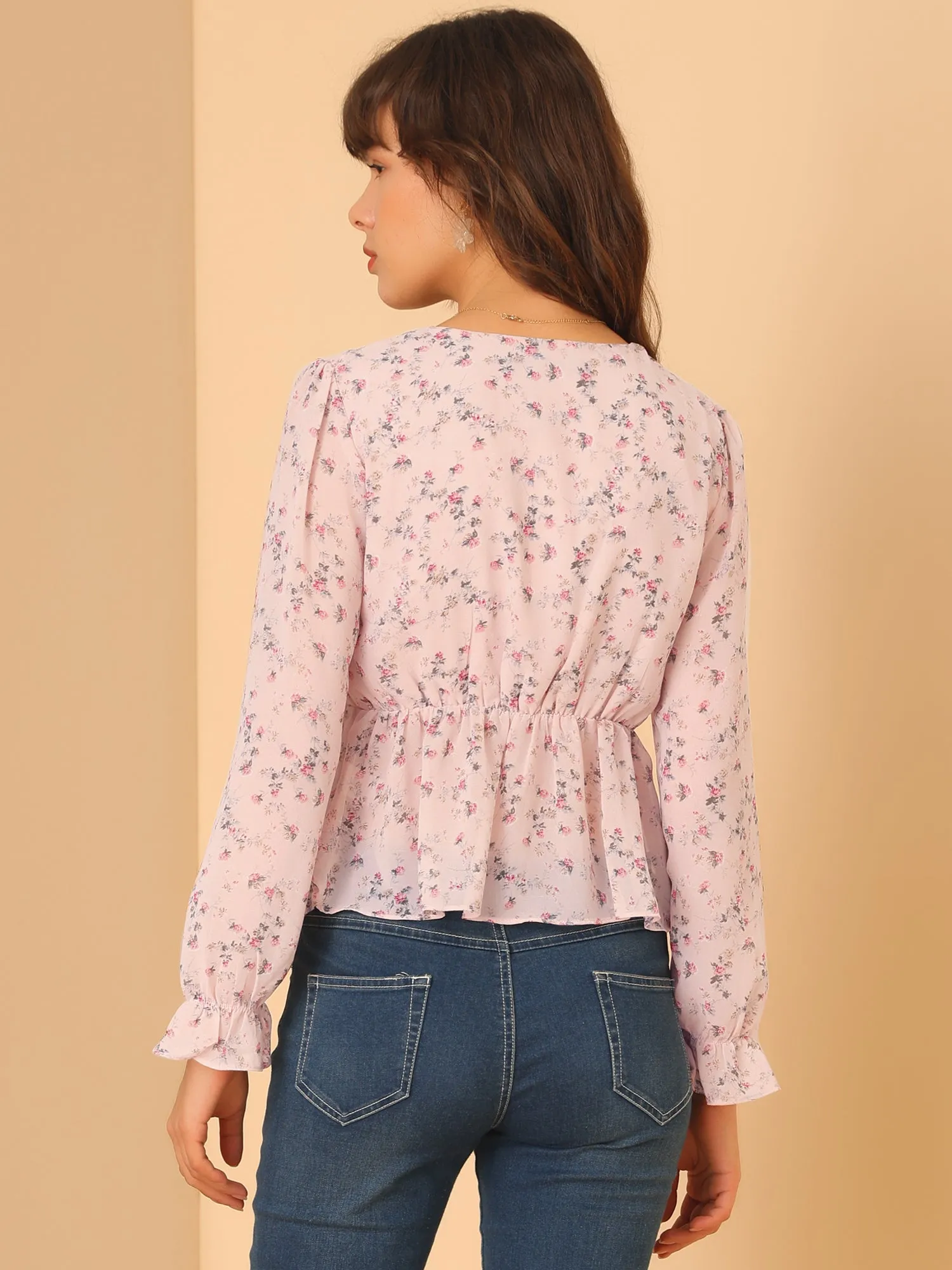 Floral Print V Neck Long Sleeve Tie Front Chiffon Peplum Top sold by Allegra K product image thumbnail 5