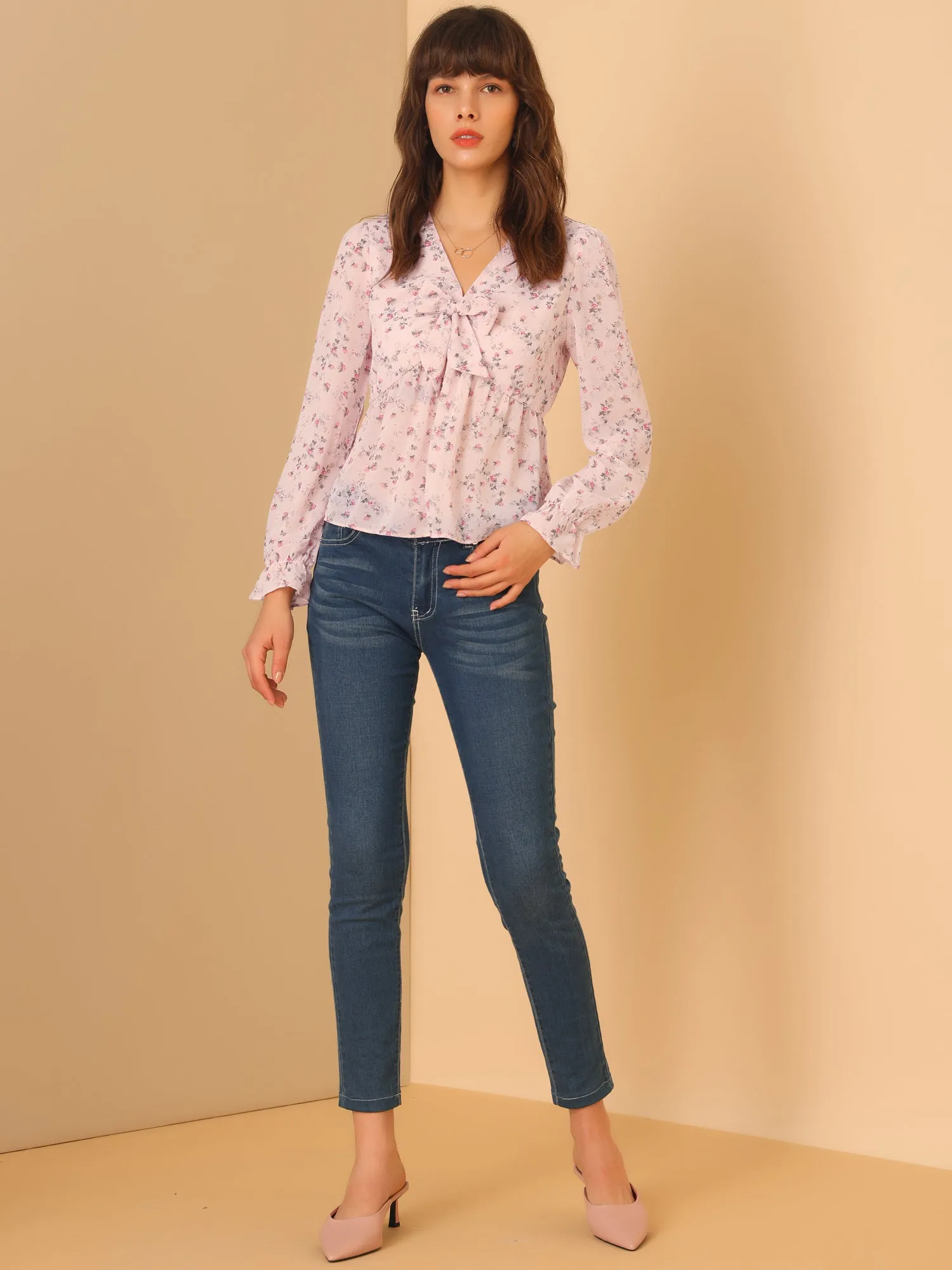 Floral Print V Neck Long Sleeve Tie Front Chiffon Peplum Top sold by Allegra K product image thumbnail 3