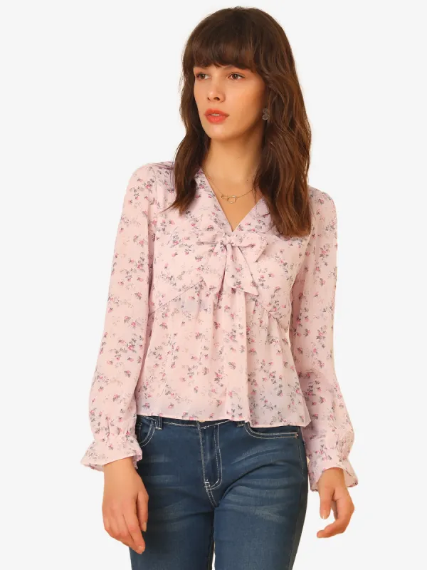 Floral Print V Neck Long Sleeve Tie Front Chiffon Peplum Top sold by Allegra K