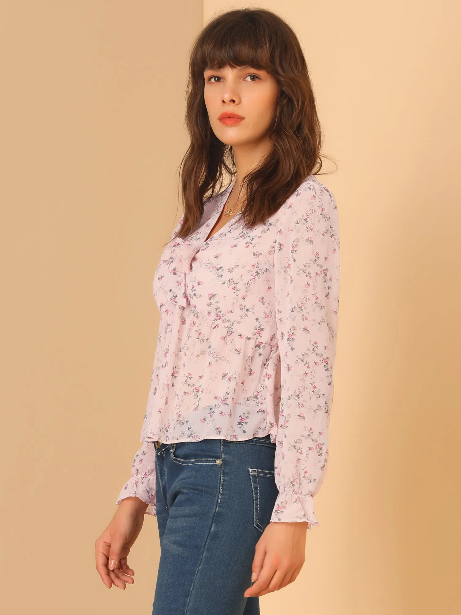 Floral Print V Neck Long Sleeve Tie Front Chiffon Peplum Top sold by Allegra K product image thumbnail 4