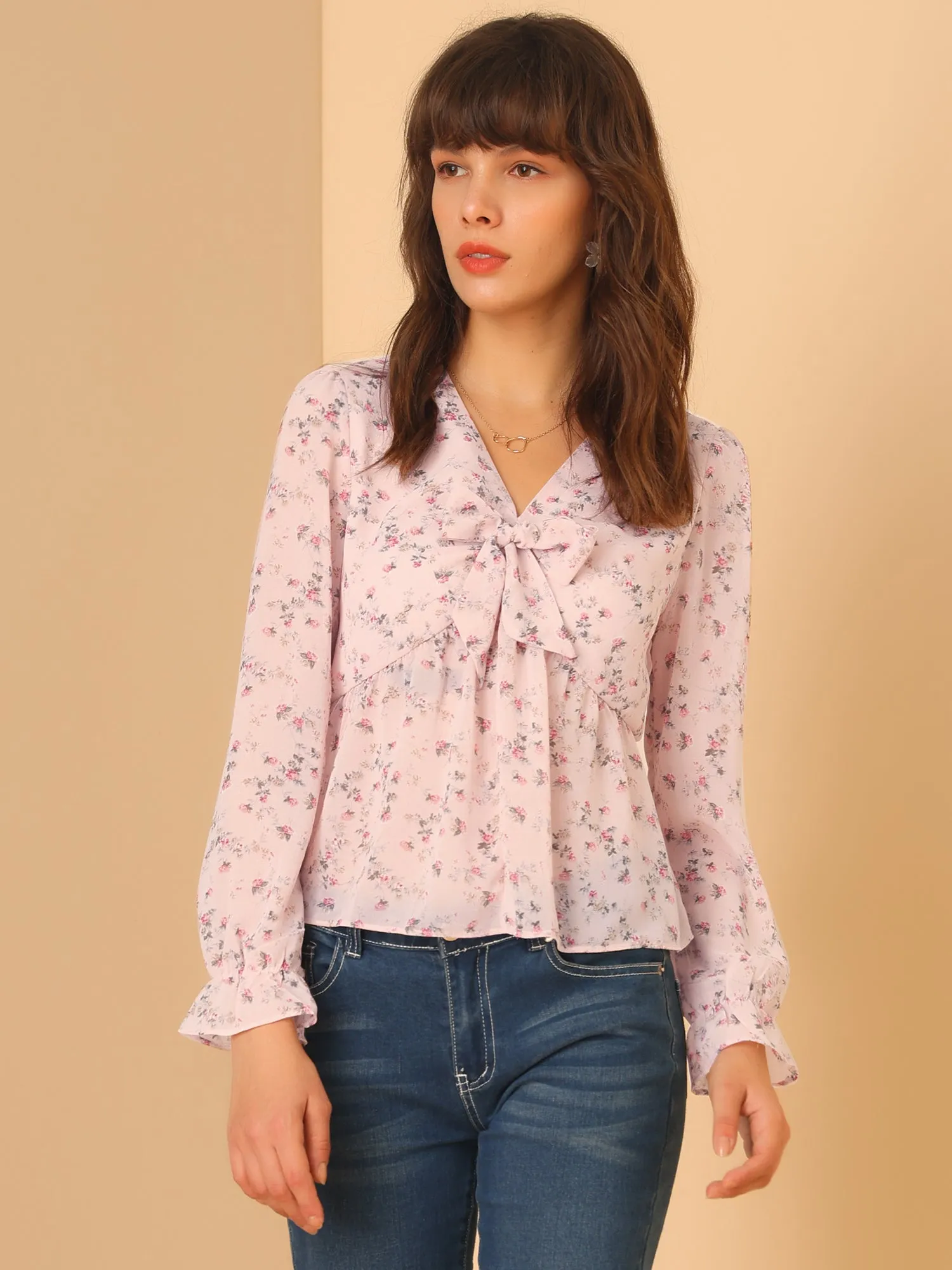 Floral Print V Neck Long Sleeve Tie Front Chiffon Peplum Top sold by Allegra K product image thumbnail 2