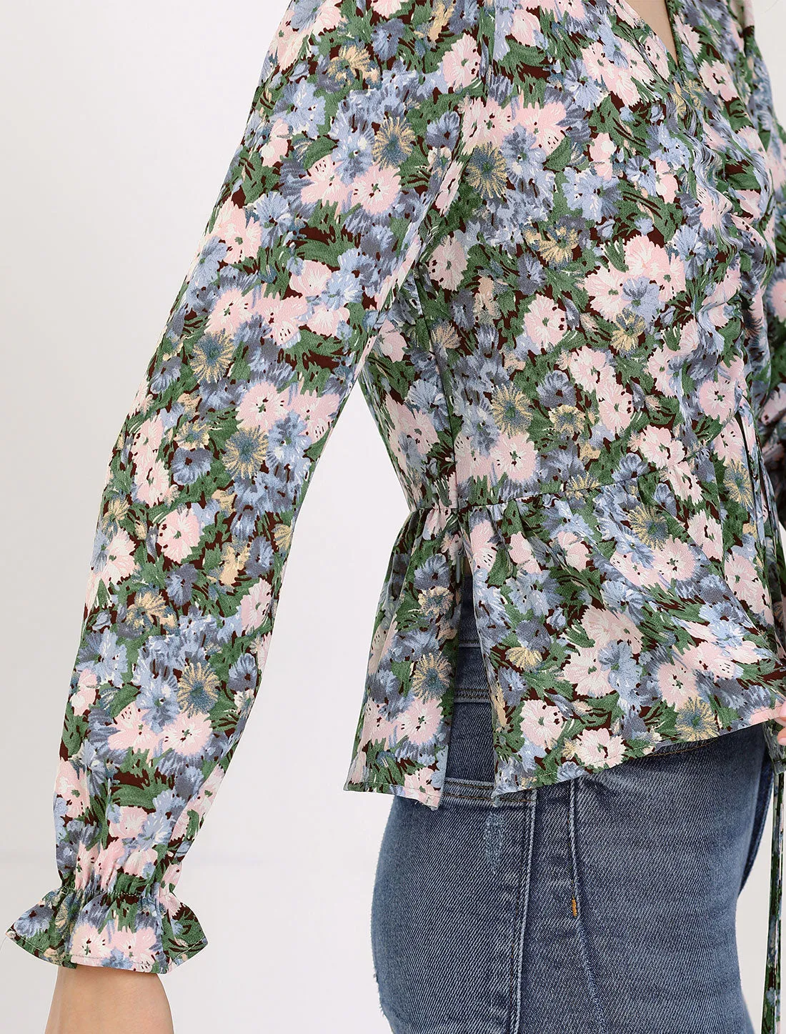 V Neck Ruched Long Ruffle Sleeve Floral Printed Peplum Blouse Top sold by Allegra K product image thumbnail 5