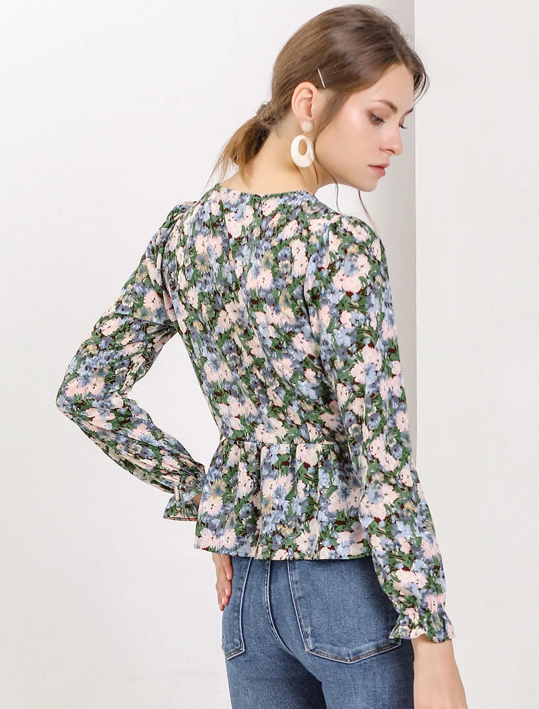 V Neck Ruched Long Ruffle Sleeve Floral Printed Peplum Blouse Top sold by Allegra K product image thumbnail 4