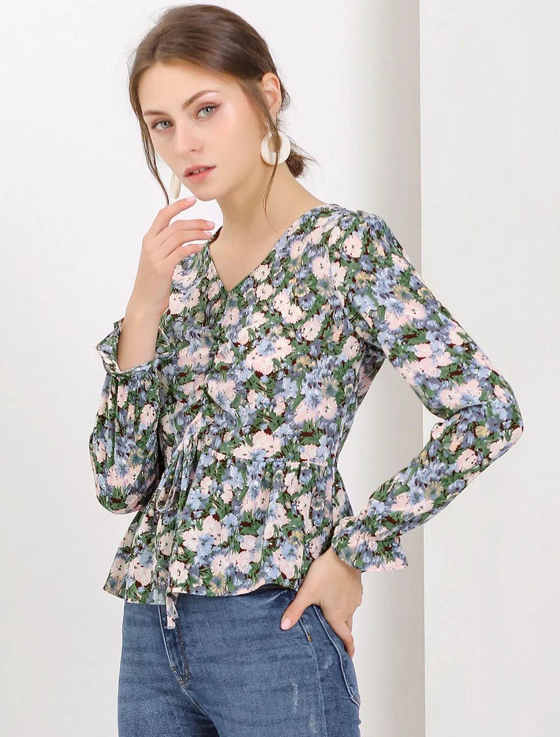 V Neck Ruched Long Ruffle Sleeve Floral Printed Peplum Blouse Top sold by Allegra K product image thumbnail 3