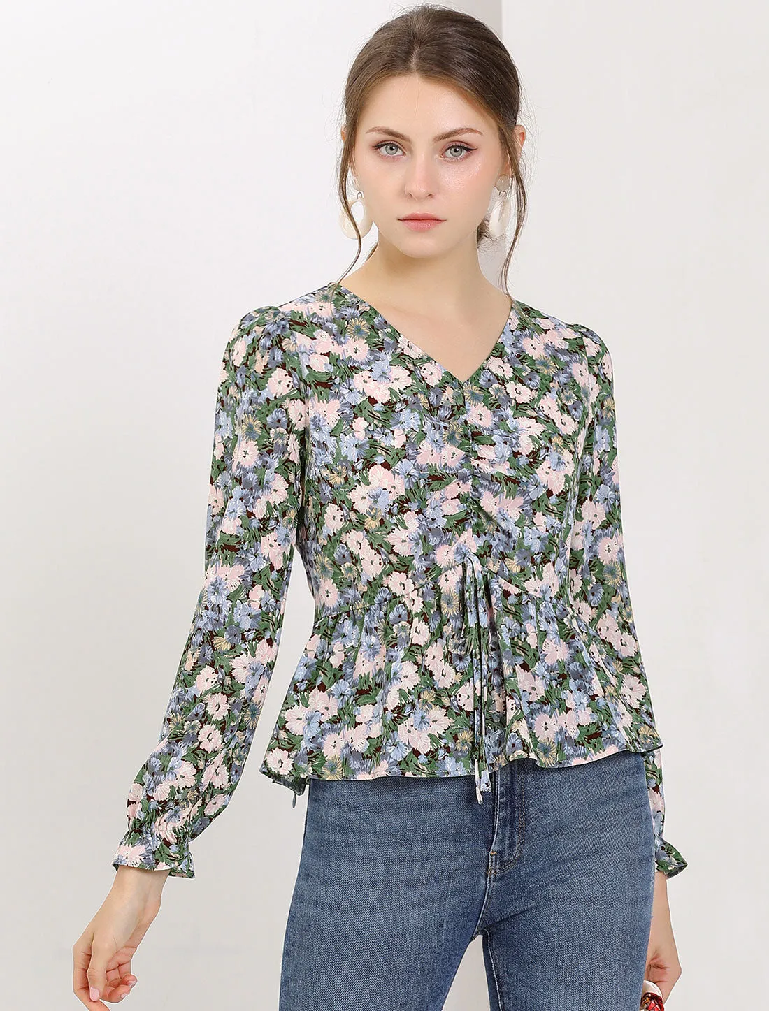 V Neck Ruched Long Ruffle Sleeve Floral Printed Peplum Blouse Top sold by Allegra K product image thumbnail 2