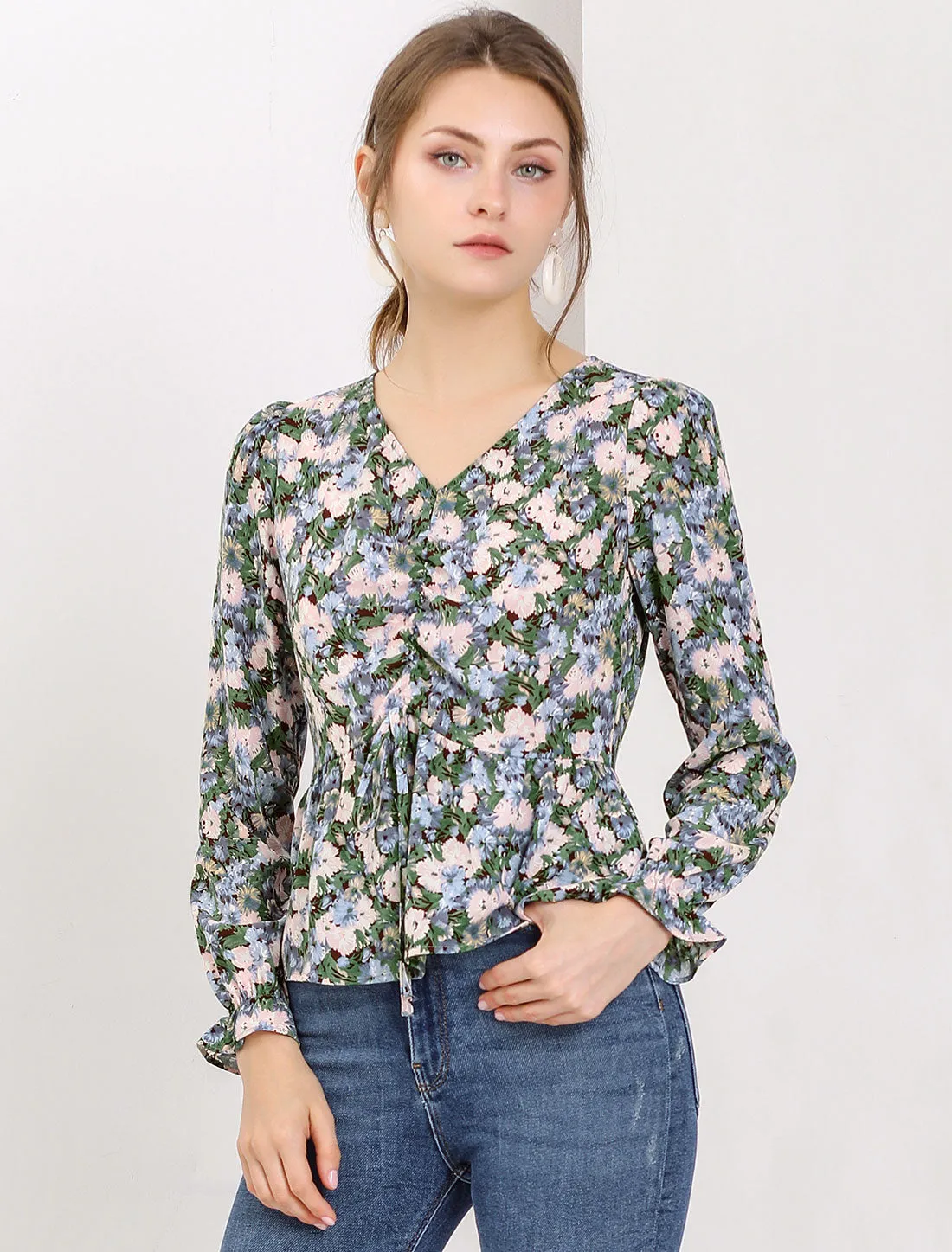 V Neck Ruched Long Ruffle Sleeve Floral Printed Peplum Blouse Top sold by Allegra K