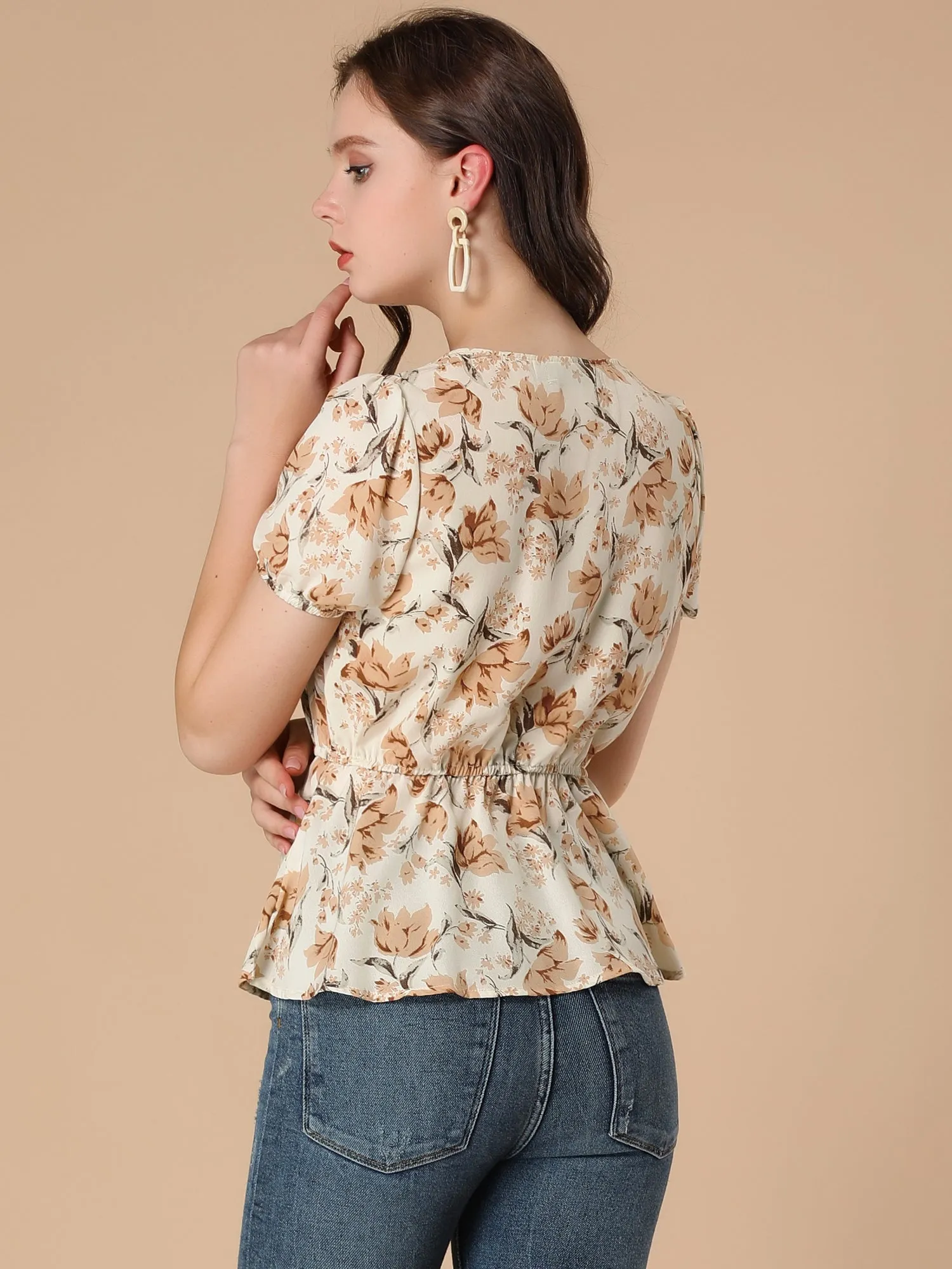 Floral Wrap Cross V Neck Elastic Waist Peplum Blouse Top sold by Allegra K product image thumbnail 5